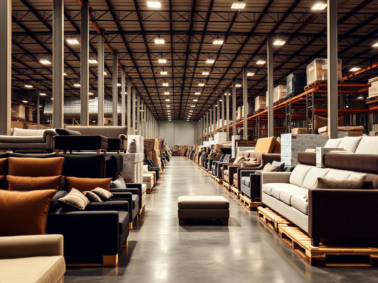 Warehouse rows of sofas, mock photo
